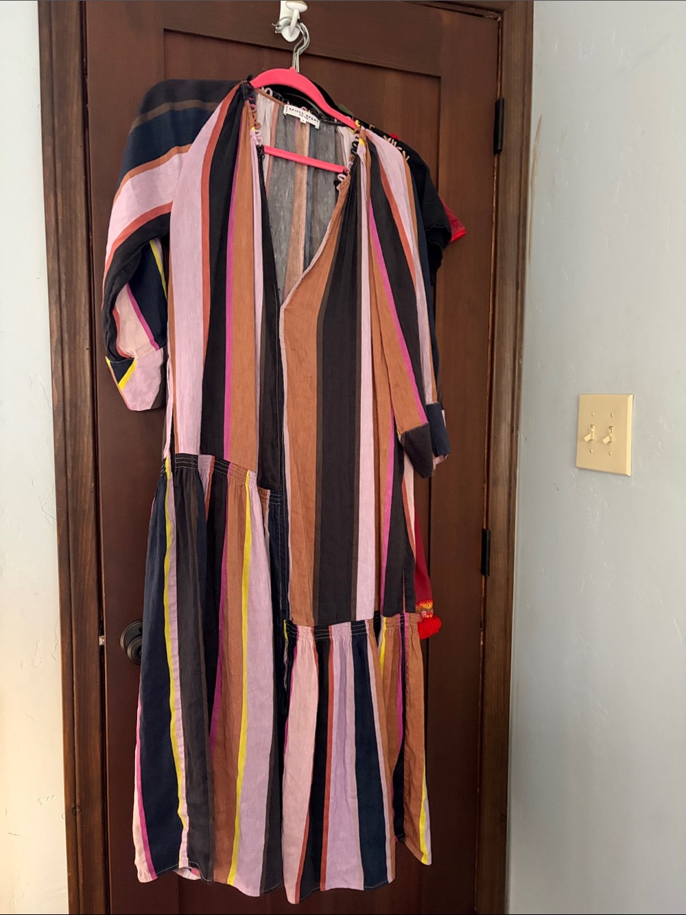 Apiece Apart Vertical Stripe V-Neck Midi Dress in Pink, Brown & Black